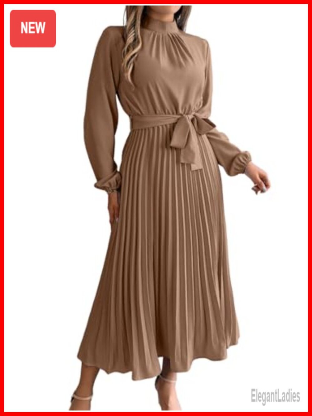Modest Pleated Maxi Dress Long Sleeve Mock Neck Formal Church
